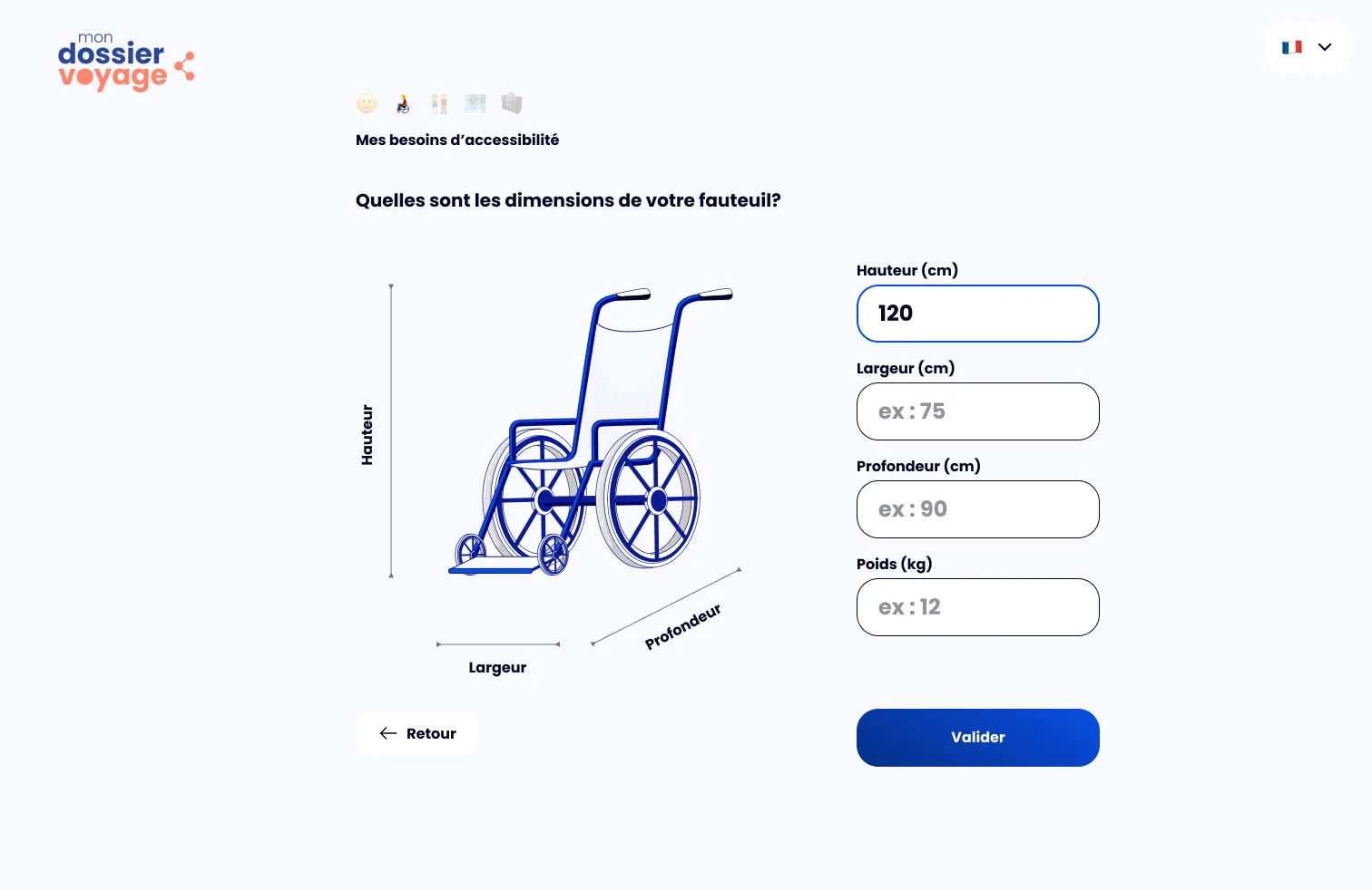 La saisie des dimensions d’un fauteuil roulant : hauteur, largeur, profondeur et poids, illustrées par un schéma.
