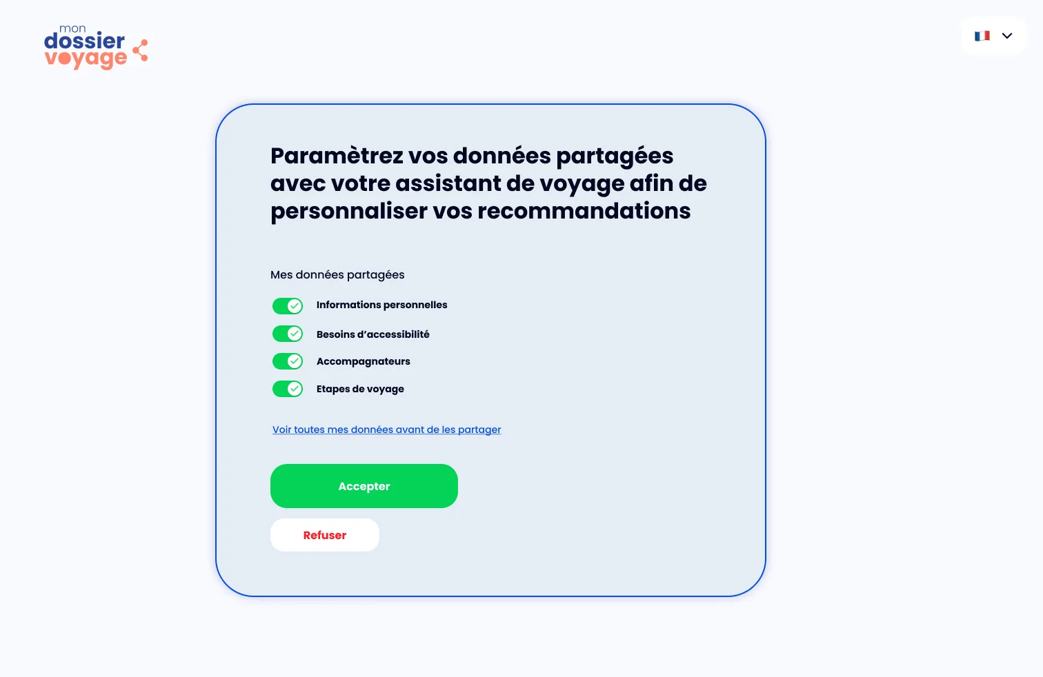 L’écran de partage des données : informations personnelles, besoins d’accessibilité, accompagnateurs et étapes de voyage, chacun activable séparément avant d’accepter ou de refuser.