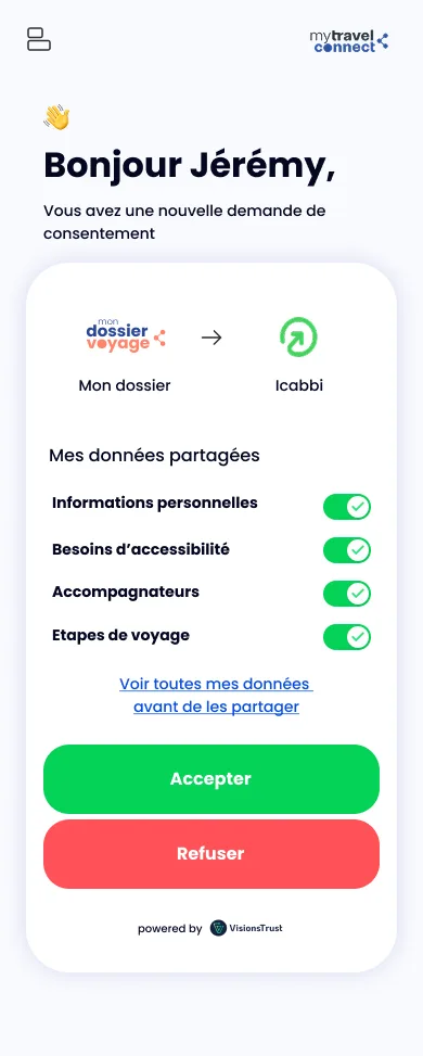 La demande de consentement sur mobile : le transfert de « Mon dossier » vers un transporteur, avec le détail des données concernées.