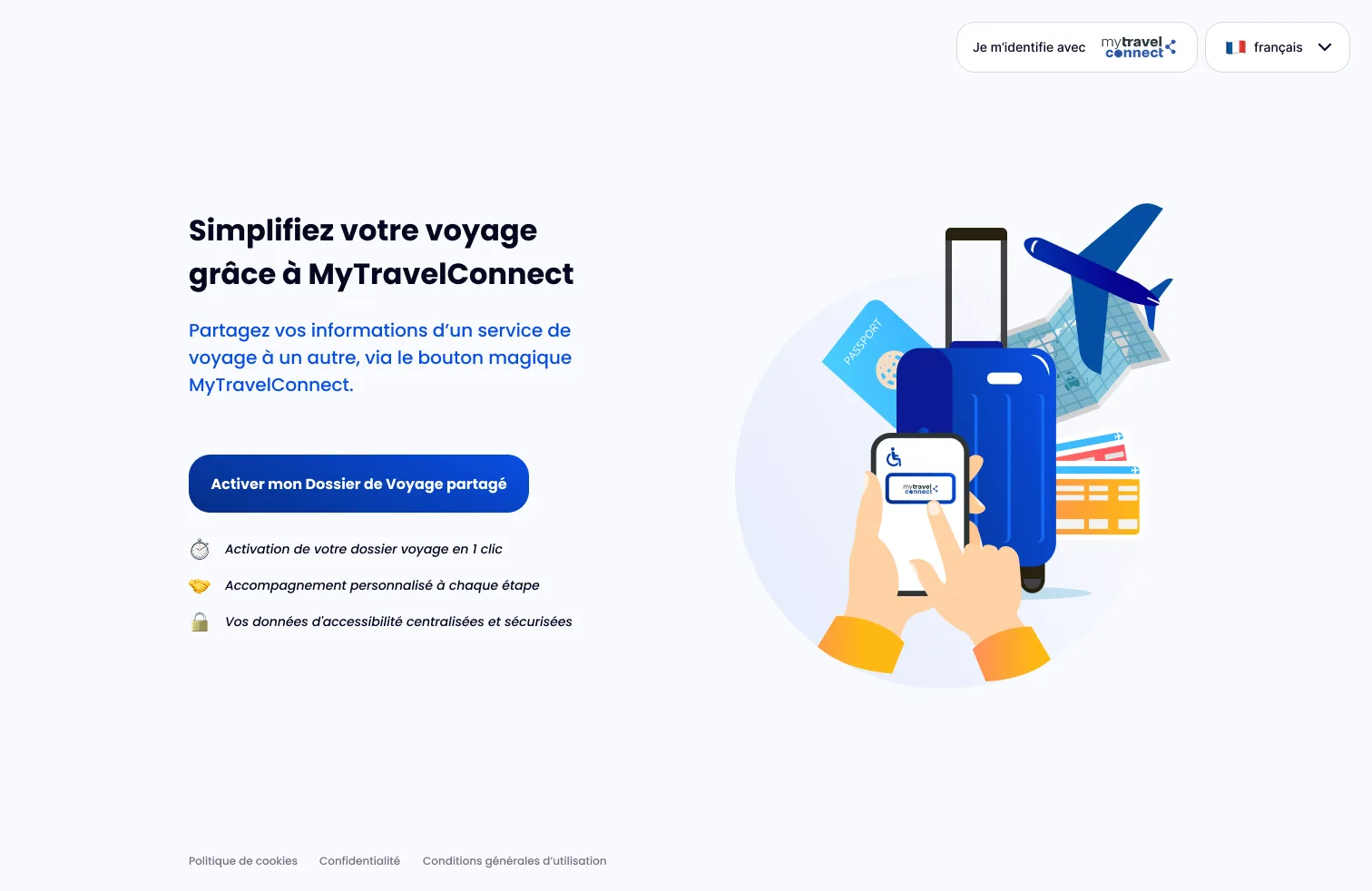 La home de MyTravelConnect : activer son dossier de voyage partagé, et partager ses informations d’un service de voyage à un autre.