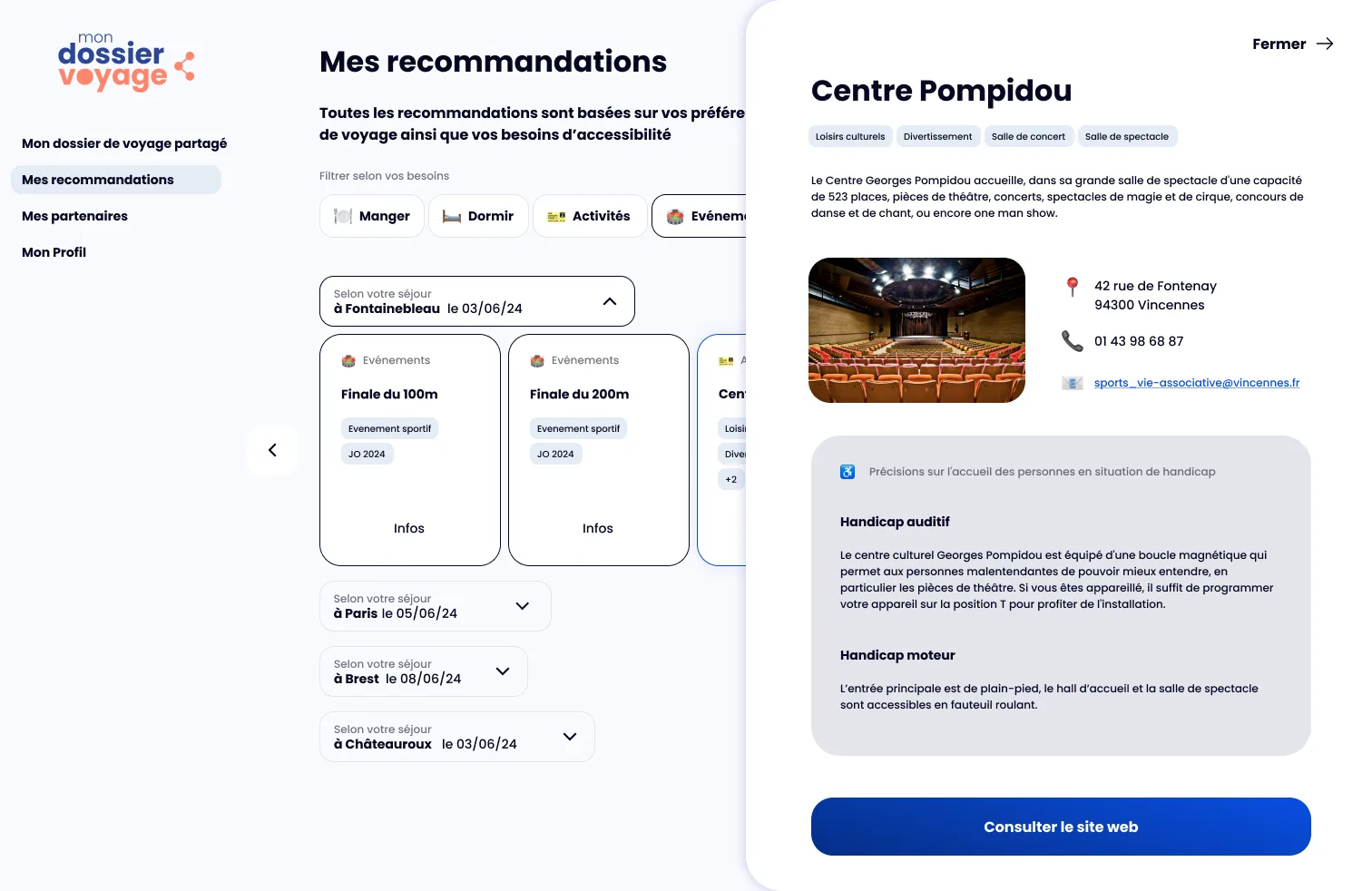 L’interface « Mes recommandations » : des suggestions rattachées à chaque étape du séjour, et le détail d’un lieu avec ses précisions d’accueil des personnes en situation de handicap.