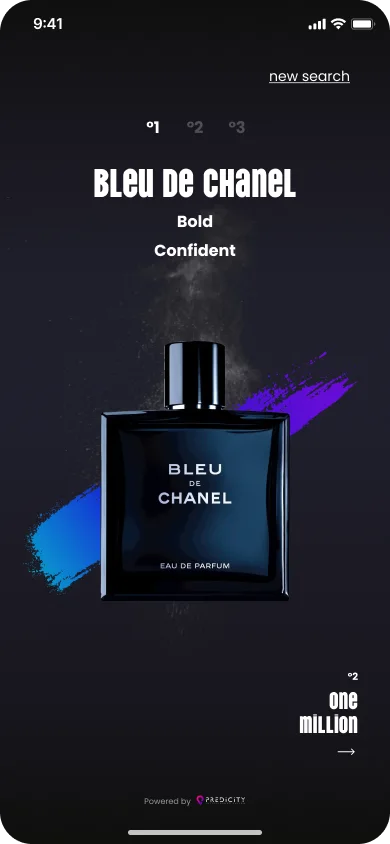 Le résultat : les parfums classés par correspondance avec les émotions recherchées.